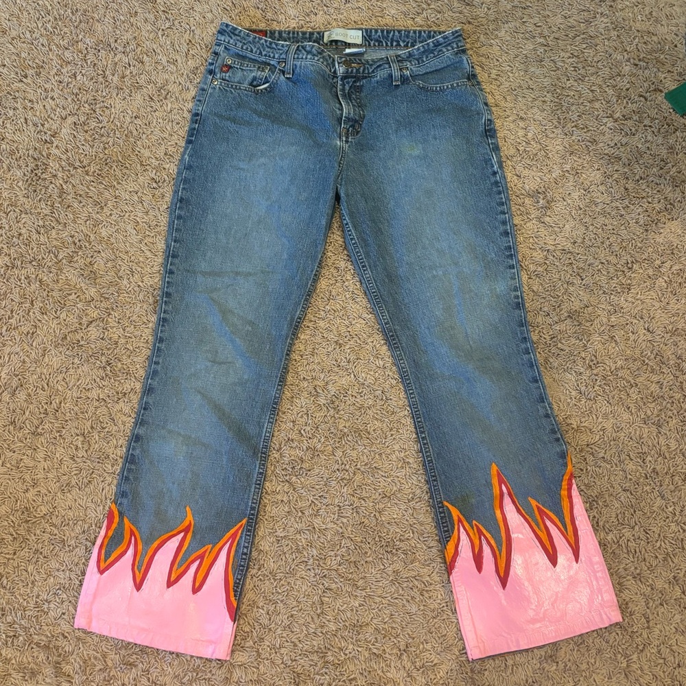 VINTAGE Arizona Women’s low rise denim boot cut jeans with pink flame design